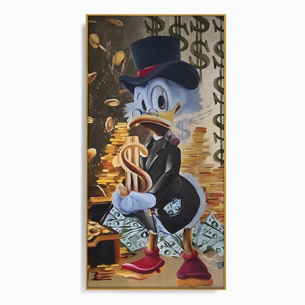 Tablou canvas cu tablou canvas cu scrooge duck si bani, in rama de aluminiu auriu